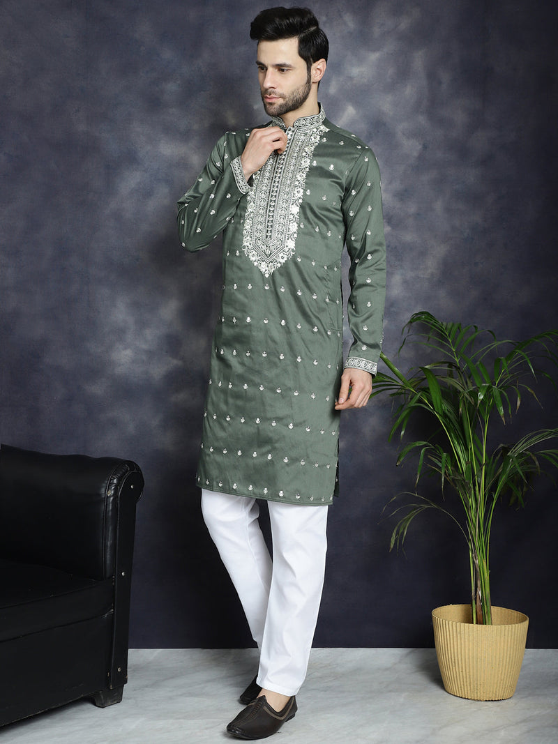 Men's Chikankari Embroidered Kurta Pyjama Set ( JOKP P 5039Olive )