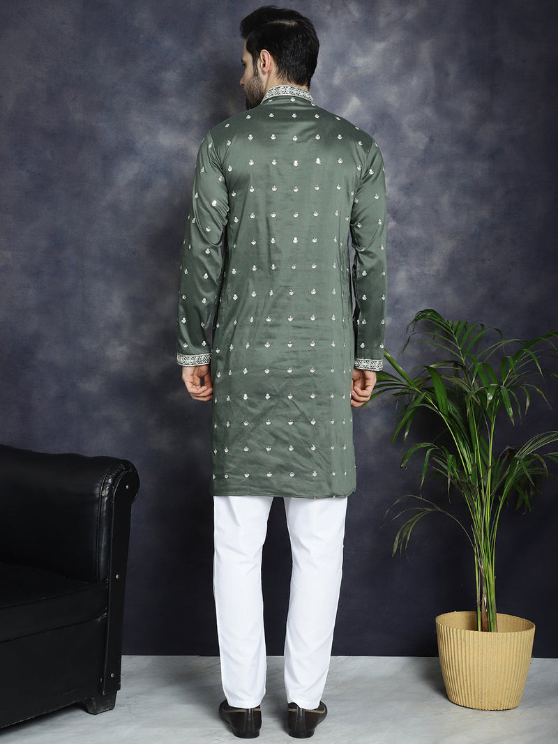 Men's Chikankari Embroidered Kurta Pyjama Set ( JOKP P 5039Olive )