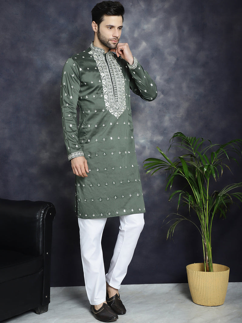 Men's Chikankari Embroidered Kurta Pyjama Set ( JOKP P 5039Olive )