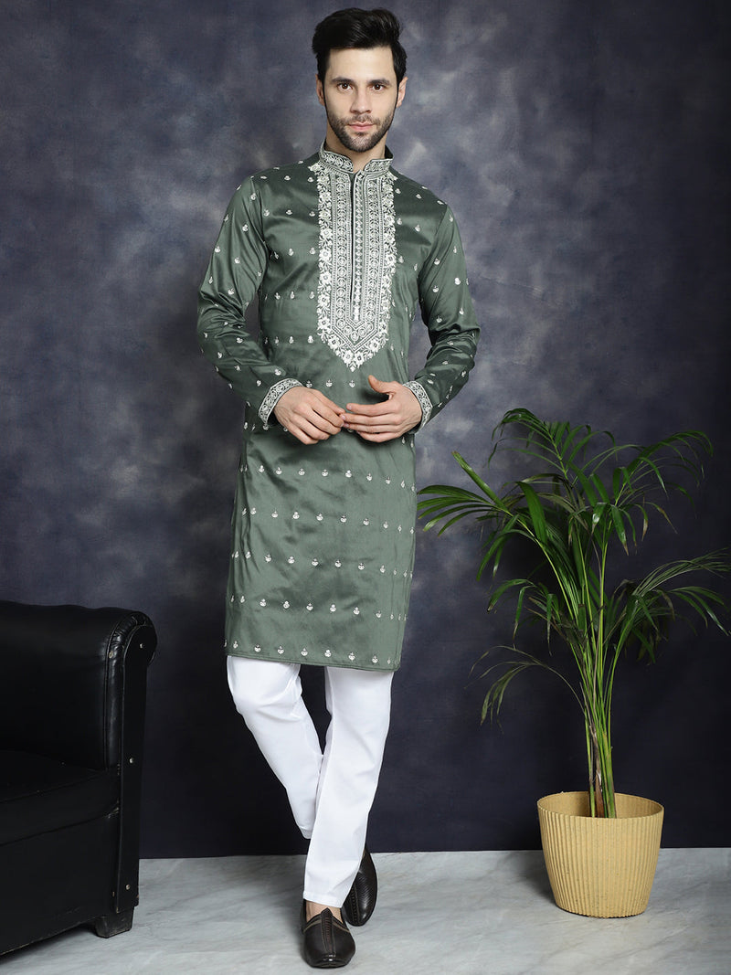 Men's Chikankari Embroidered Kurta Pyjama Set ( JOKP P 5039Olive )