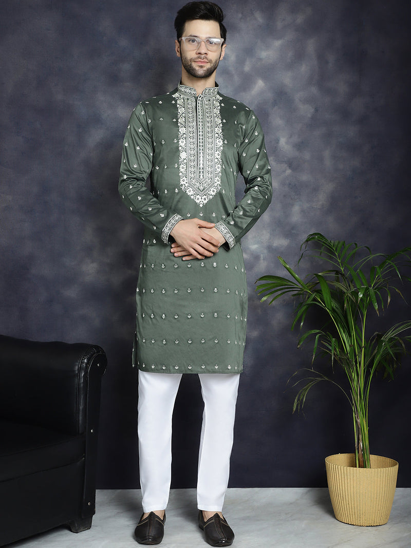 Men's Chikankari Embroidered Kurta Pyjama Set ( JOKP P 5039Olive )