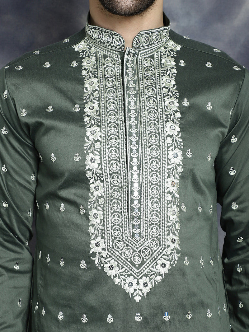 Men's Chikankari Embroidered Kurta Pyjama Set ( JOKP P 5039Olive )