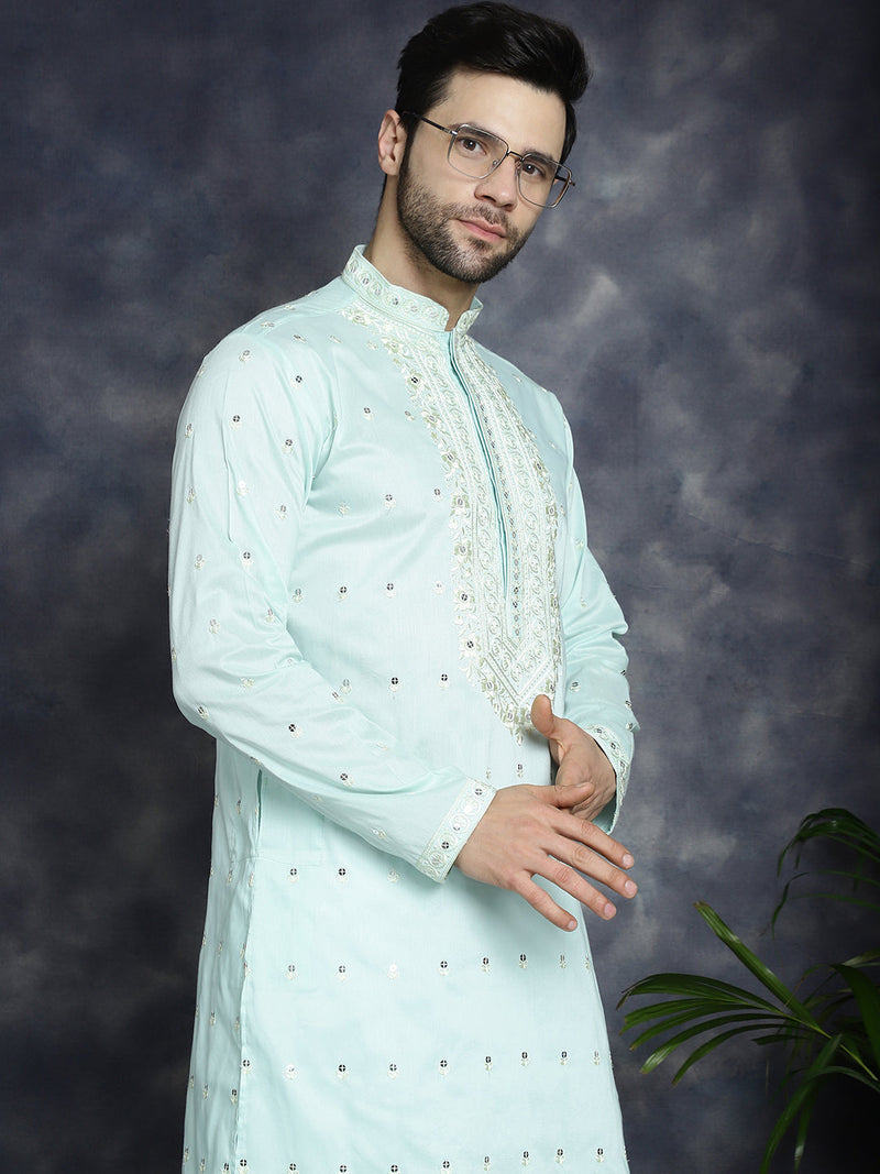 Men's Chikankari Embroidered Kurta Pyjama Set ( JOKP P 5039Sky )