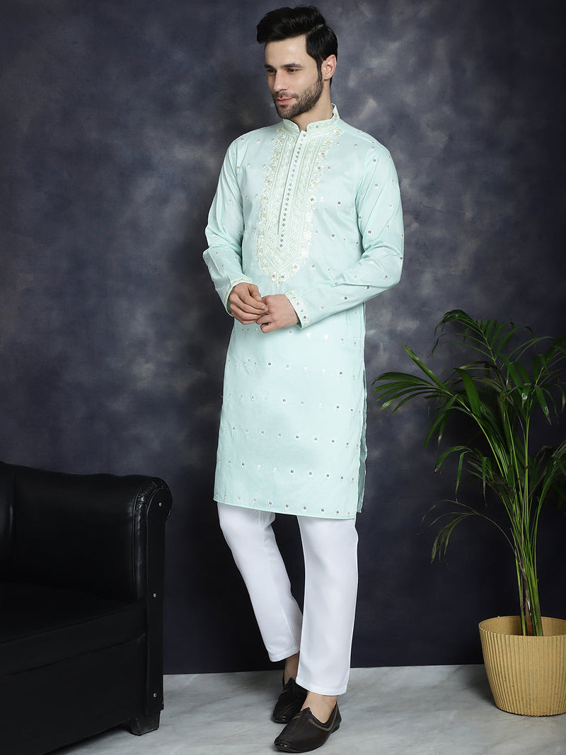 Men's Chikankari Embroidered Kurta Pyjama Set ( JOKP P 5039Sky )