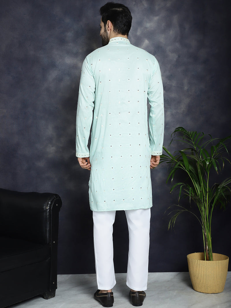 Men's Chikankari Embroidered Kurta Pyjama Set ( JOKP P 5039Sky )