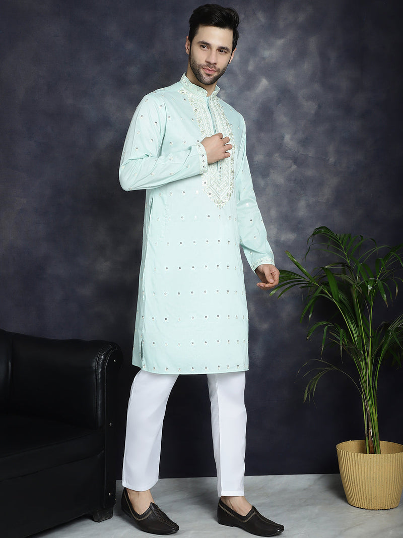 Men's Chikankari Embroidered Kurta Pyjama Set ( JOKP P 5039Sky )