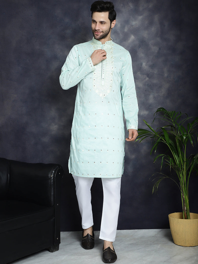 Men's Chikankari Embroidered Kurta Pyjama Set ( JOKP P 5039Sky )