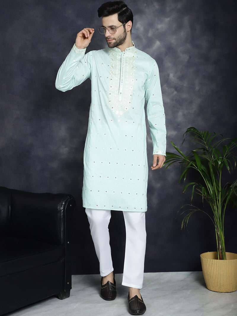 Men's Chikankari Embroidered Kurta Pyjama Set ( JOKP P 5039Sky )