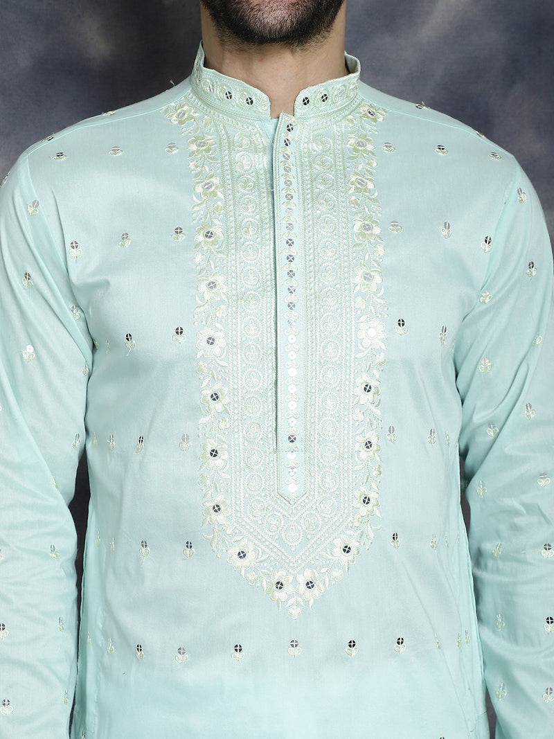 Men's Chikankari Embroidered Kurta Pyjama Set ( JOKP P 5039Sky )