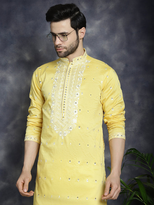 Men's Chikankari Embroidered Kurta Pyjama Set ( JOKP P 5039Yellow )