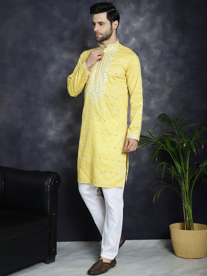 Men's Chikankari Embroidered Kurta Pyjama Set ( JOKP P 5039Yellow )