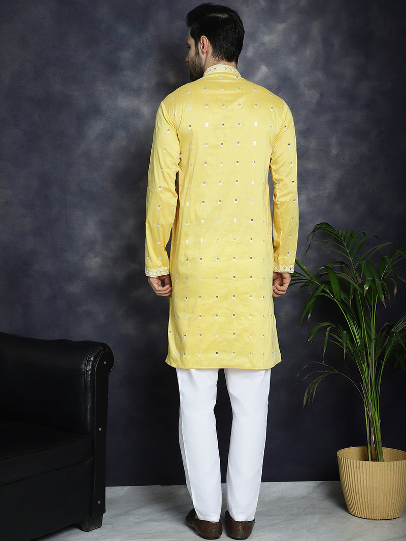 Men's Chikankari Embroidered Kurta Pyjama Set ( JOKP P 5039Yellow )