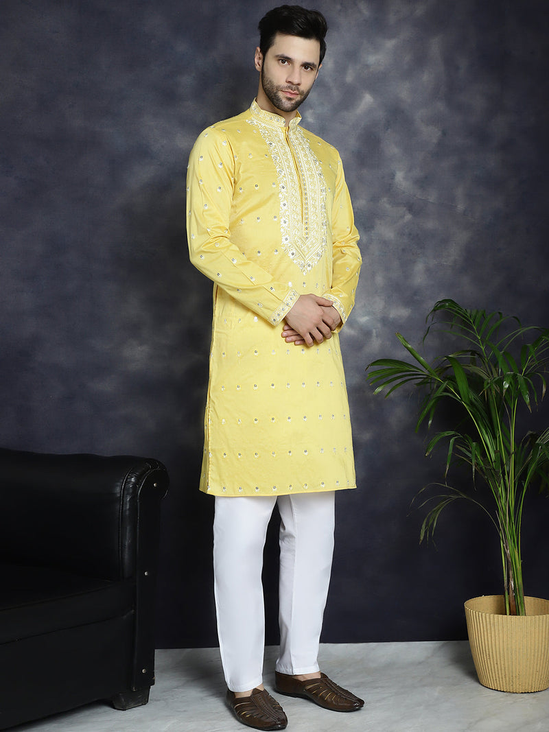 Men's Chikankari Embroidered Kurta Pyjama Set ( JOKP P 5039Yellow )