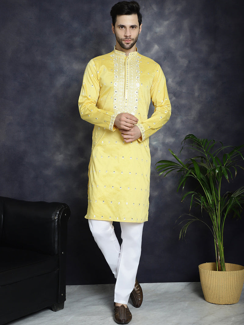 Men's Chikankari Embroidered Kurta Pyjama Set ( JOKP P 5039Yellow )