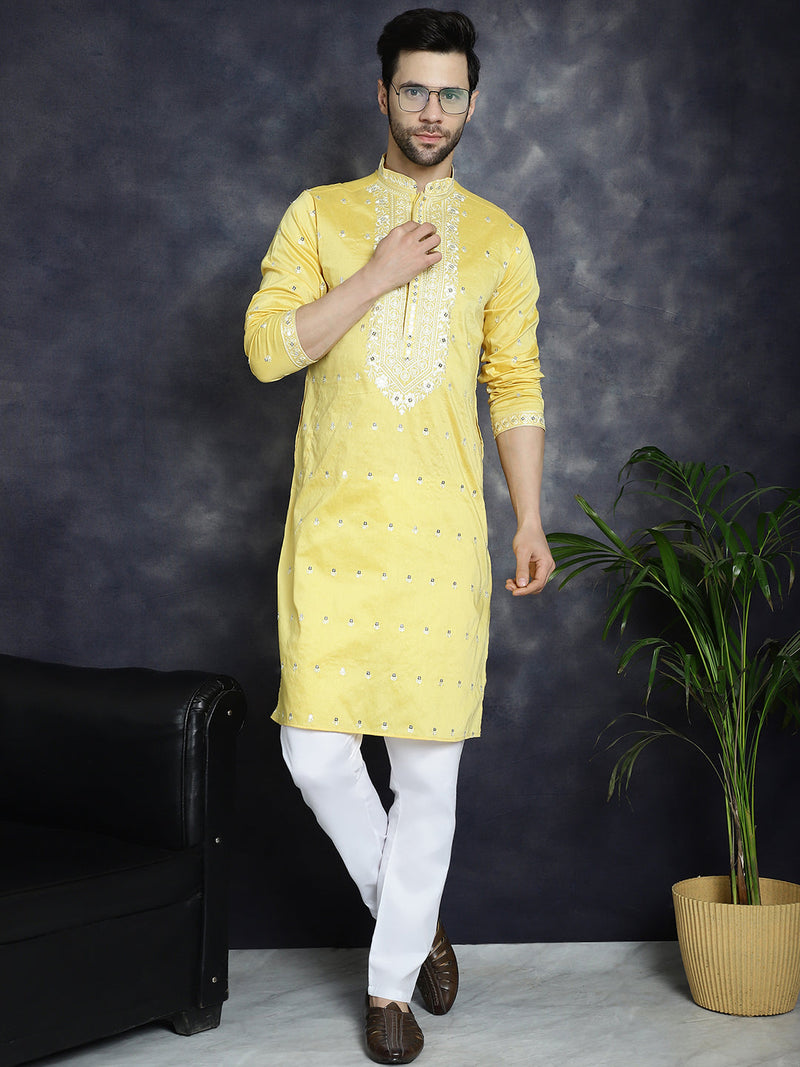 Men's Chikankari Embroidered Kurta Pyjama Set ( JOKP P 5039Yellow )