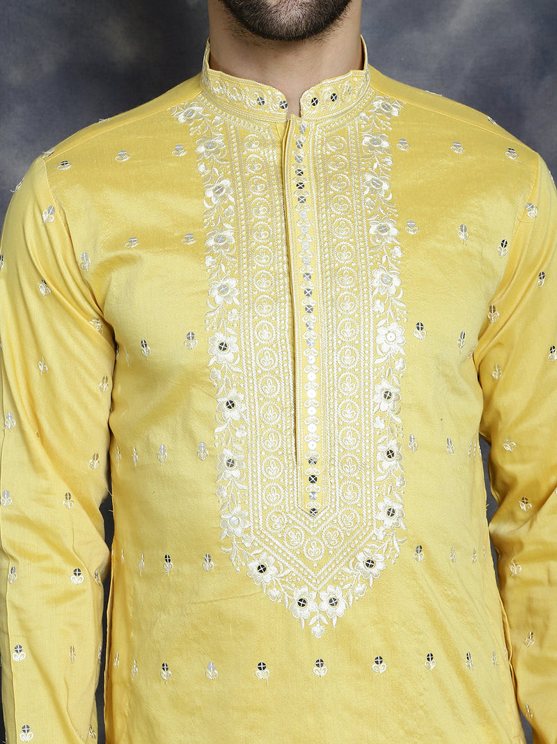 Men's Chikankari Embroidered Kurta Pyjama Set ( JOKP P 5039Yellow )