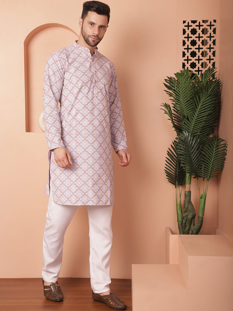 Men Purple and White Floral Printed Kurta with Churidar