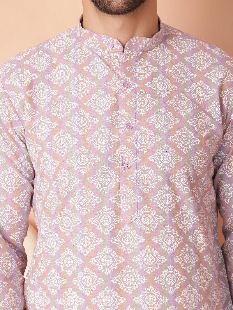 Men Purple and White Floral Printed Kurta with Churidar