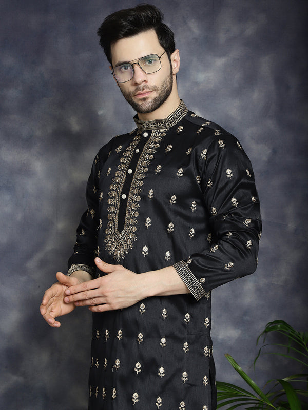 Men's Black Chikankari Embroidered Kurta With Pyjama ( JOKP P 5042Black )