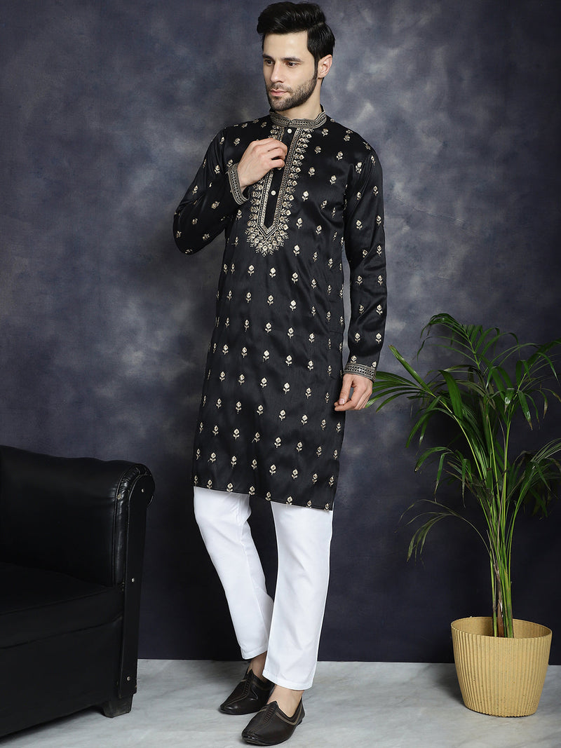 Men's Black Chikankari Embroidered Kurta With Pyjama ( JOKP P 5042Black )