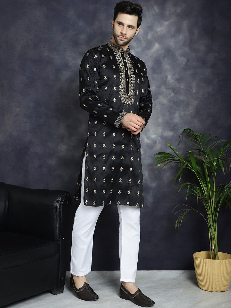 Men's Black Chikankari Embroidered Kurta With Pyjama ( JOKP P 5042Black )