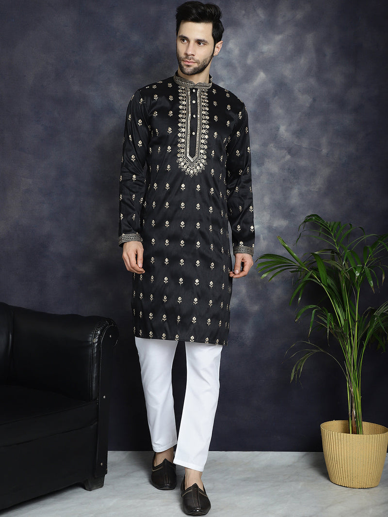 Men's Black Chikankari Embroidered Kurta With Pyjama ( JOKP P 5042Black )