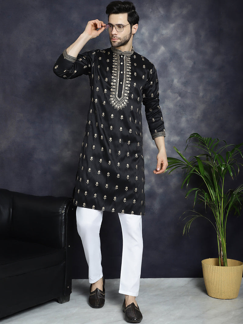 Men's Black Chikankari Embroidered Kurta With Pyjama ( JOKP P 5042Black )