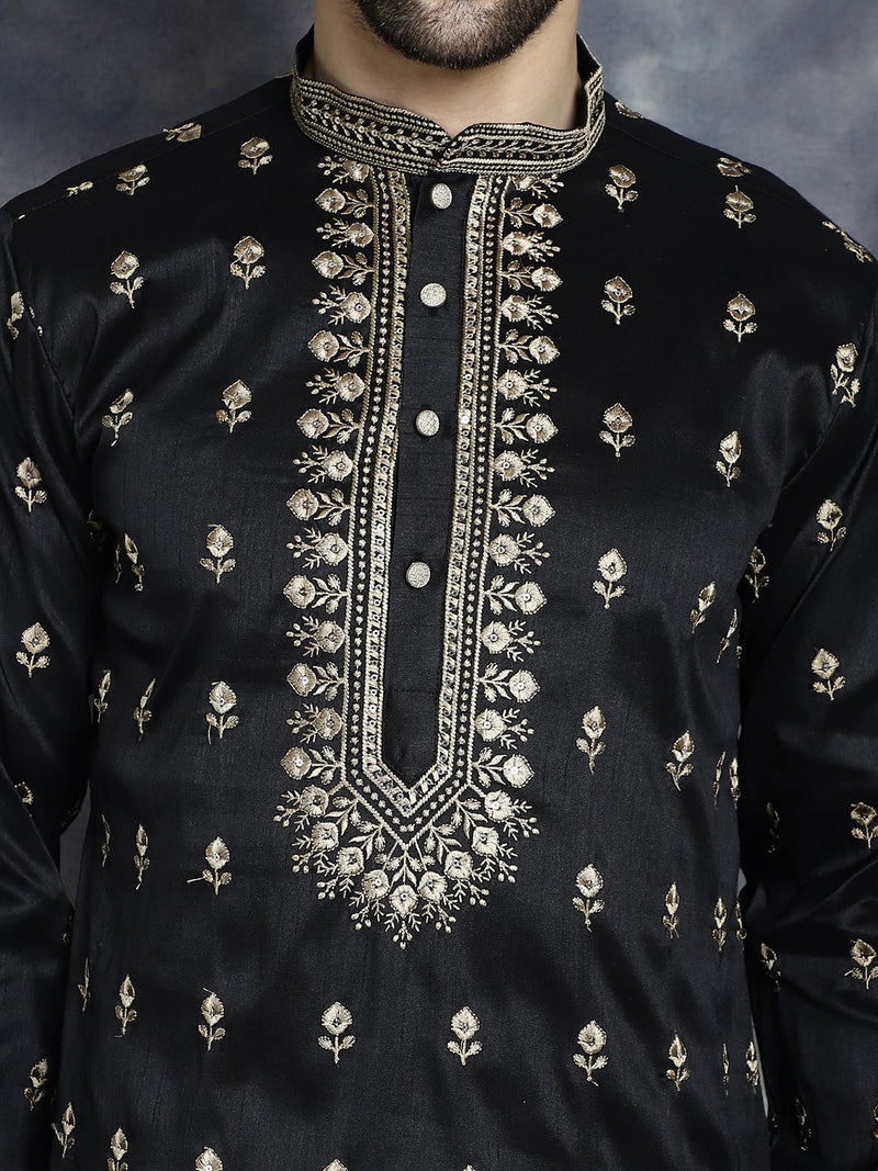 Men's Black Chikankari Embroidered Kurta With Pyjama ( JOKP P 5042Black )