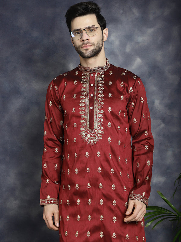 Men's Maroon Chikankari Embroidered Kurta With Pyjama ( JOKP P 5042Maroon )