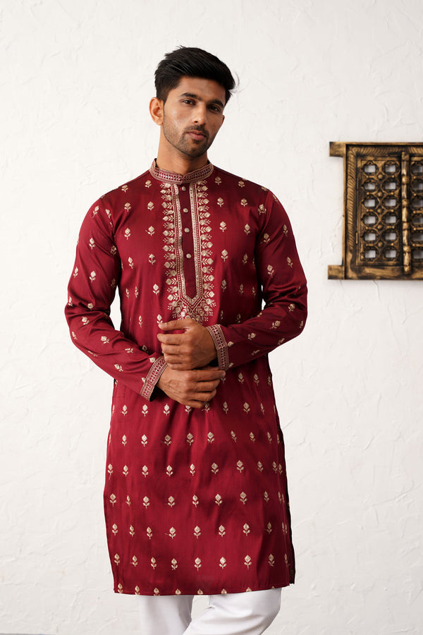 Men's Maroon Chikankari Embroidered Kurta With Pyjama