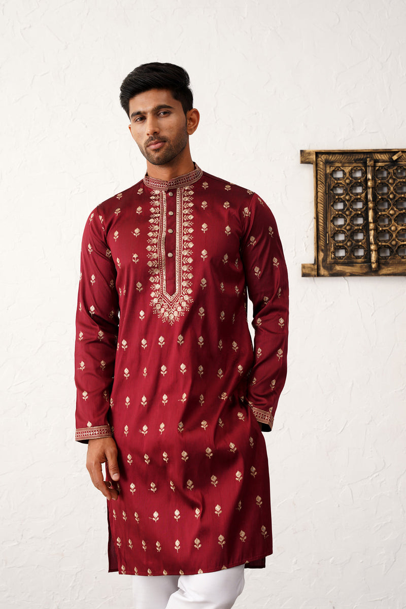 Men's Maroon Chikankari Embroidered Kurta With Pyjama