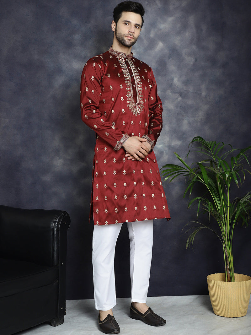 Men's Maroon Chikankari Embroidered Kurta With Pyjama ( JOKP P 5042Maroon )