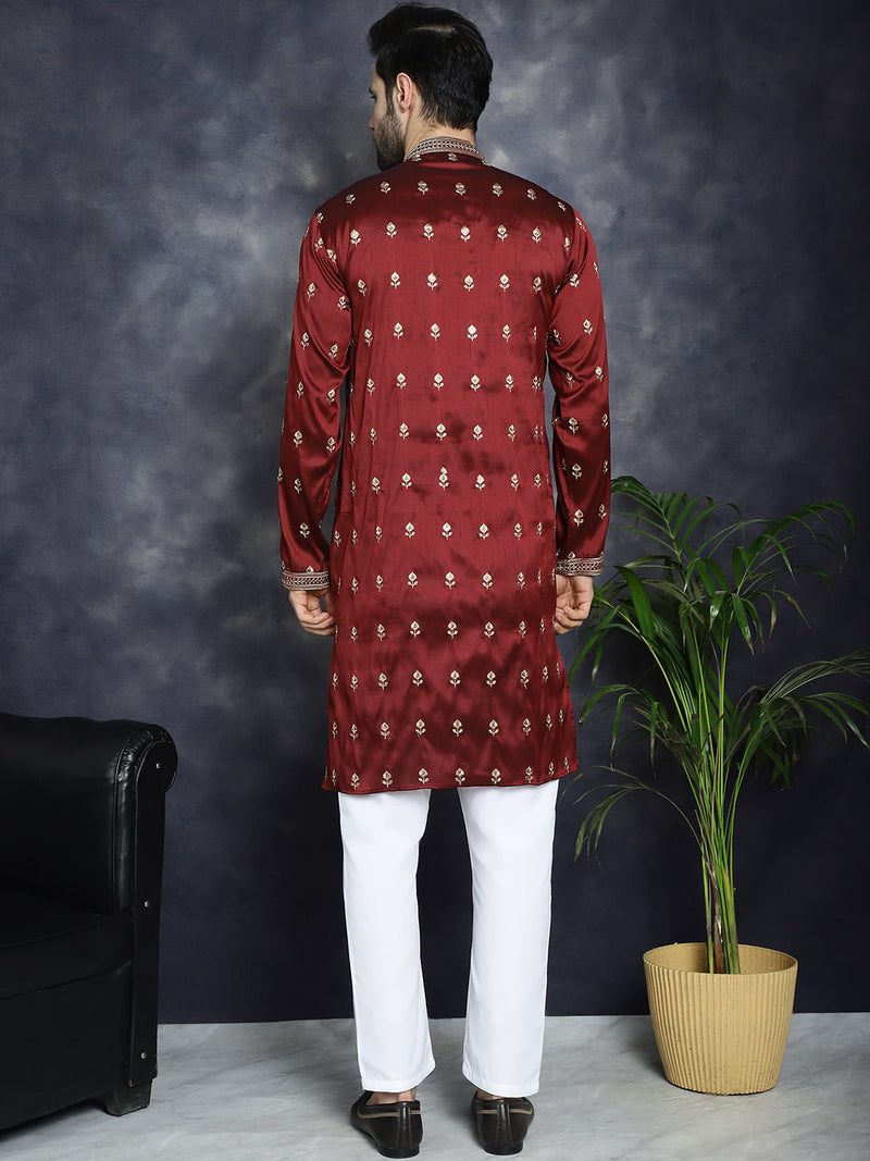 Men's Maroon Chikankari Embroidered Kurta With Pyjama ( JOKP P 5042Maroon )