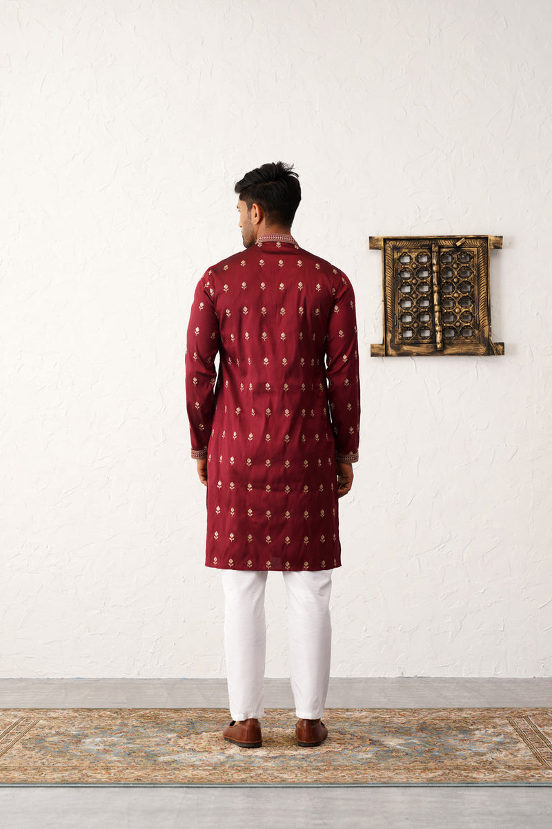 Men's Maroon Chikankari Embroidered Kurta With Pyjama