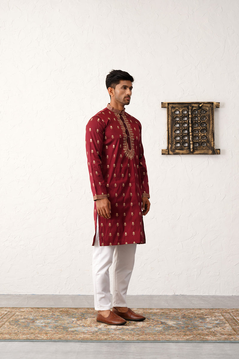 Men's Maroon Chikankari Embroidered Kurta With Pyjama