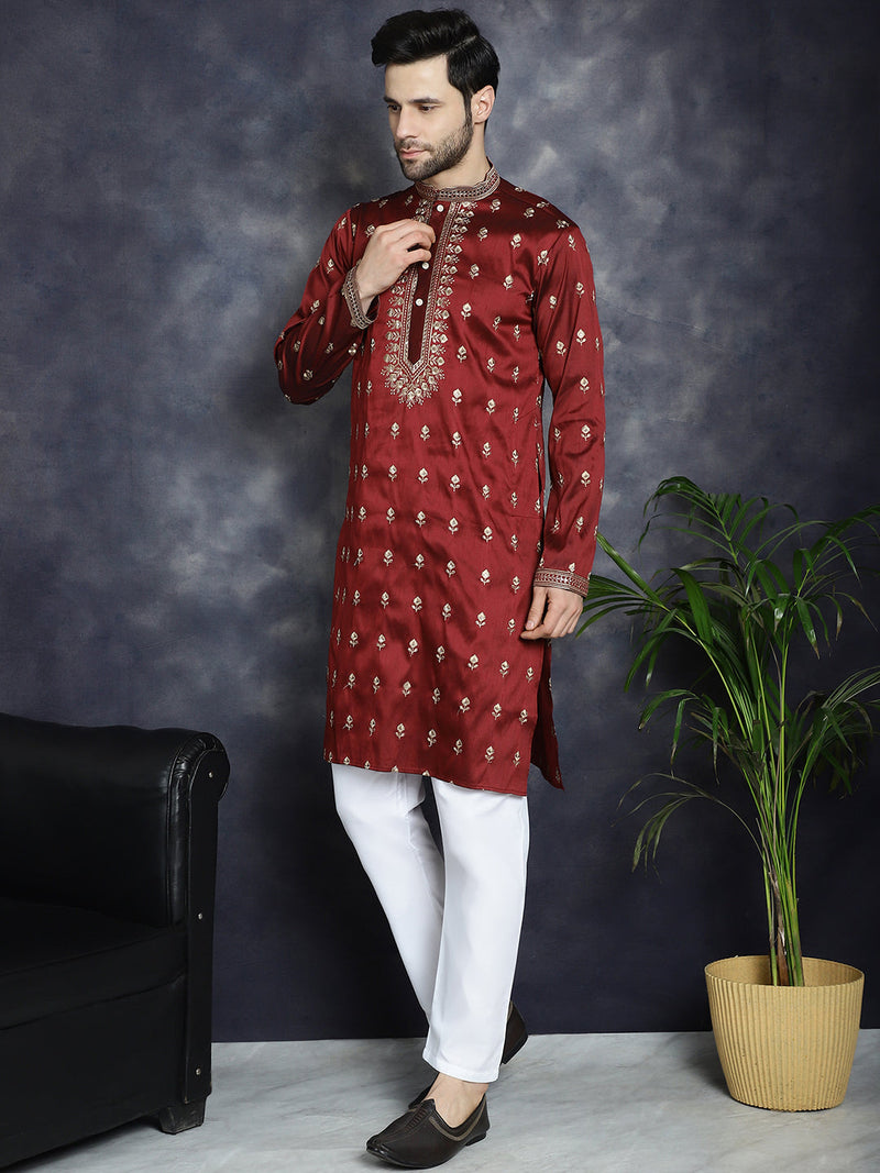 Men's Maroon Chikankari Embroidered Kurta With Pyjama ( JOKP P 5042Maroon )