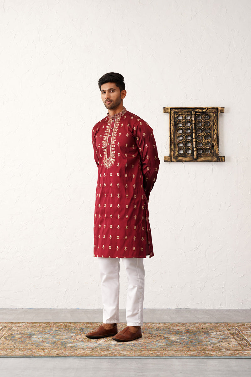 Men's Maroon Chikankari Embroidered Kurta With Pyjama