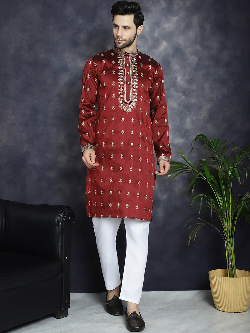 Men's Maroon Chikankari Embroidered Kurta With Pyjama ( JOKP P 5042Maroon )