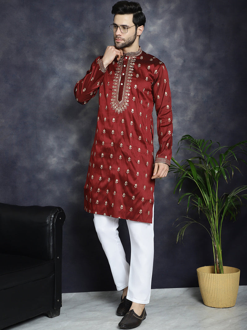 Men's Maroon Chikankari Embroidered Kurta With Pyjama ( JOKP P 5042Maroon )