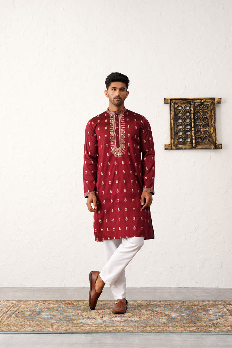 Men's Maroon Chikankari Embroidered Kurta With Pyjama