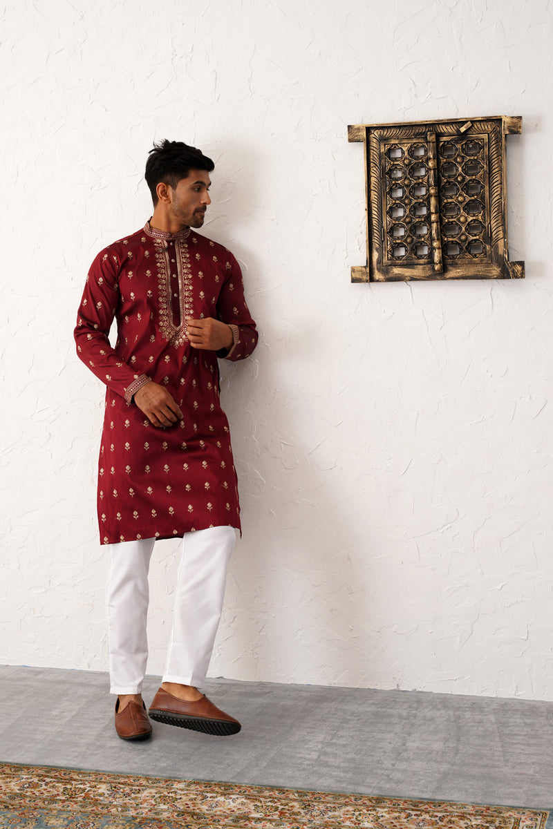 Men's Maroon Chikankari Embroidered Kurta With Pyjama