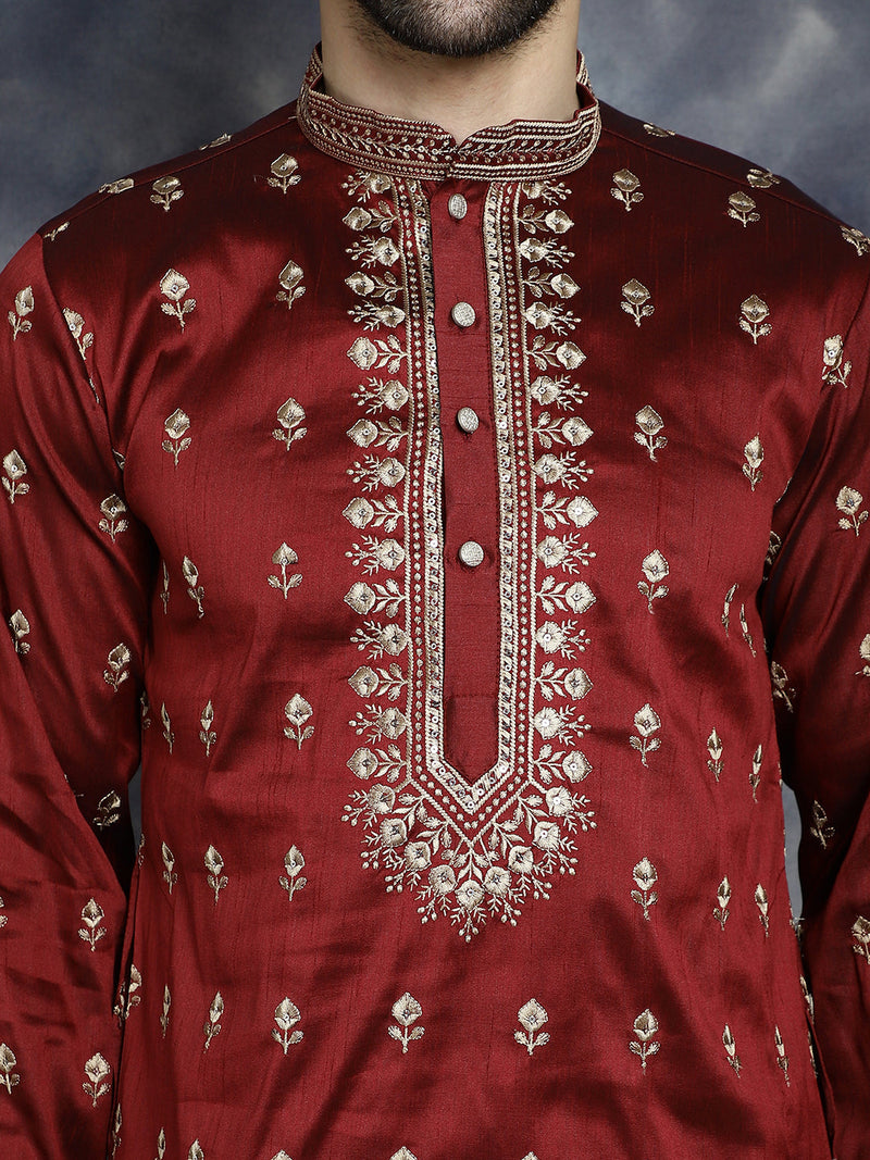 Men's Maroon Chikankari Embroidered Kurta With Pyjama ( JOKP P 5042Maroon )