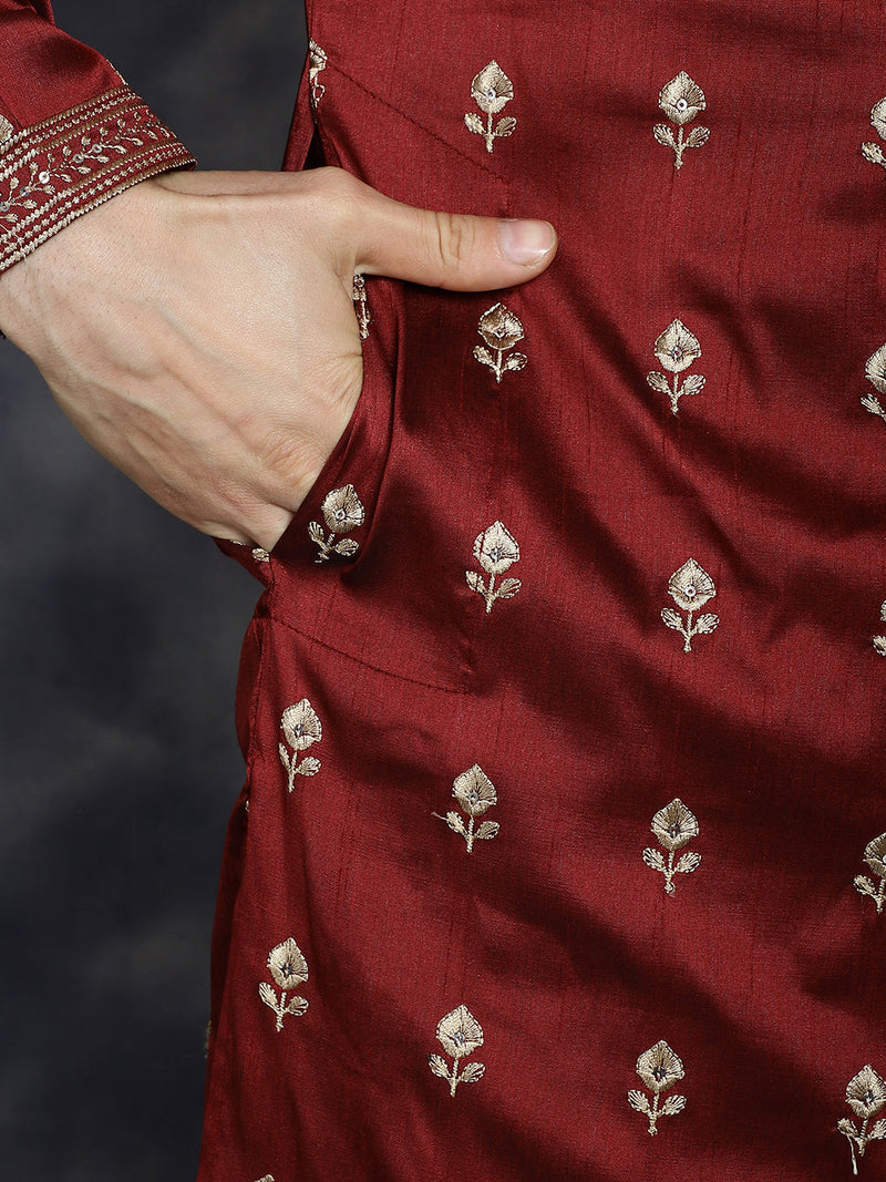 Men's Maroon Chikankari Embroidered Kurta With Pyjama ( JOKP P 5042Maroon )