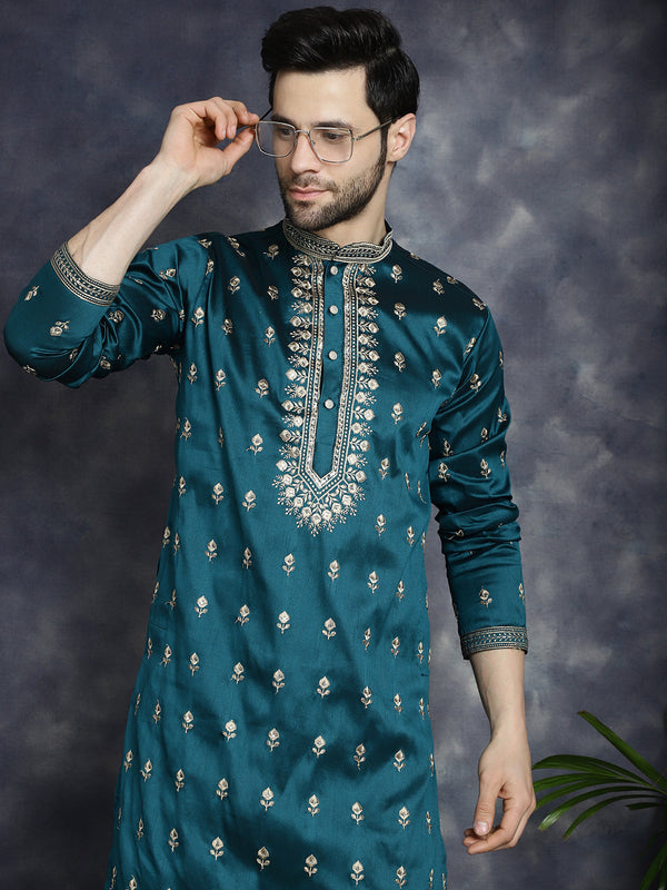 Men's Peacock Blue Chikankari Embroidered Kurta With Pyjama ( JOKP P 5042Peacock )