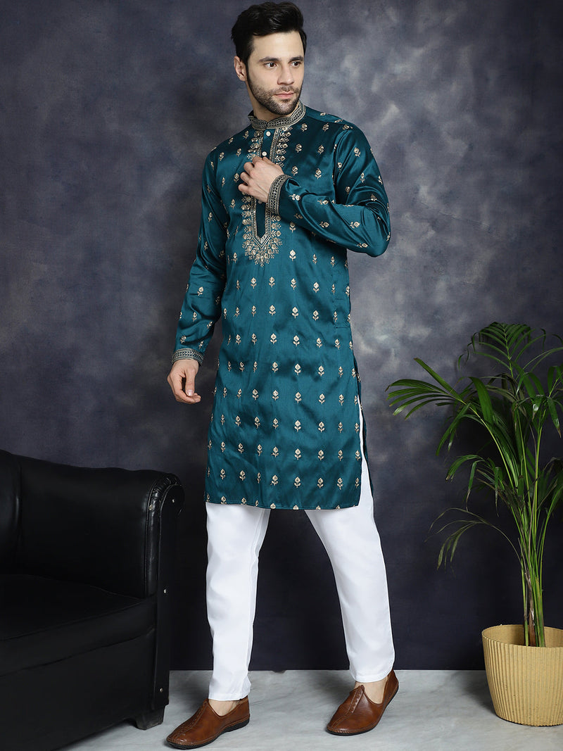 Men's Peacock Blue Chikankari Embroidered Kurta With Pyjama ( JOKP P 5042Peacock )