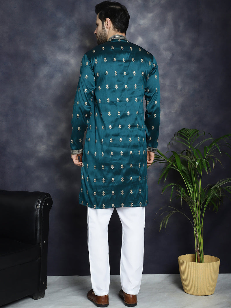 Men's Peacock Blue Chikankari Embroidered Kurta With Pyjama ( JOKP P 5042Peacock )