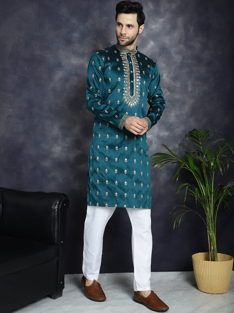 Men's Peacock Blue Chikankari Embroidered Kurta With Pyjama ( JOKP P 5042Peacock )