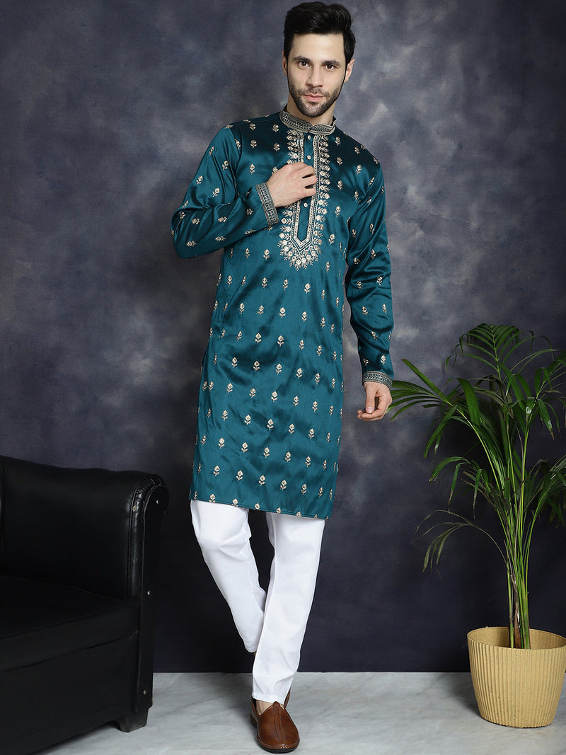 Men's Peacock Blue Chikankari Embroidered Kurta With Pyjama ( JOKP P 5042Peacock )