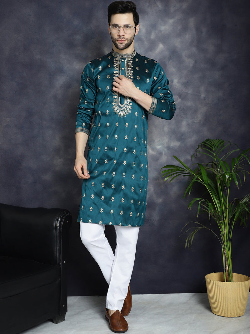 Men's Peacock Blue Chikankari Embroidered Kurta With Pyjama ( JOKP P 5042Peacock )