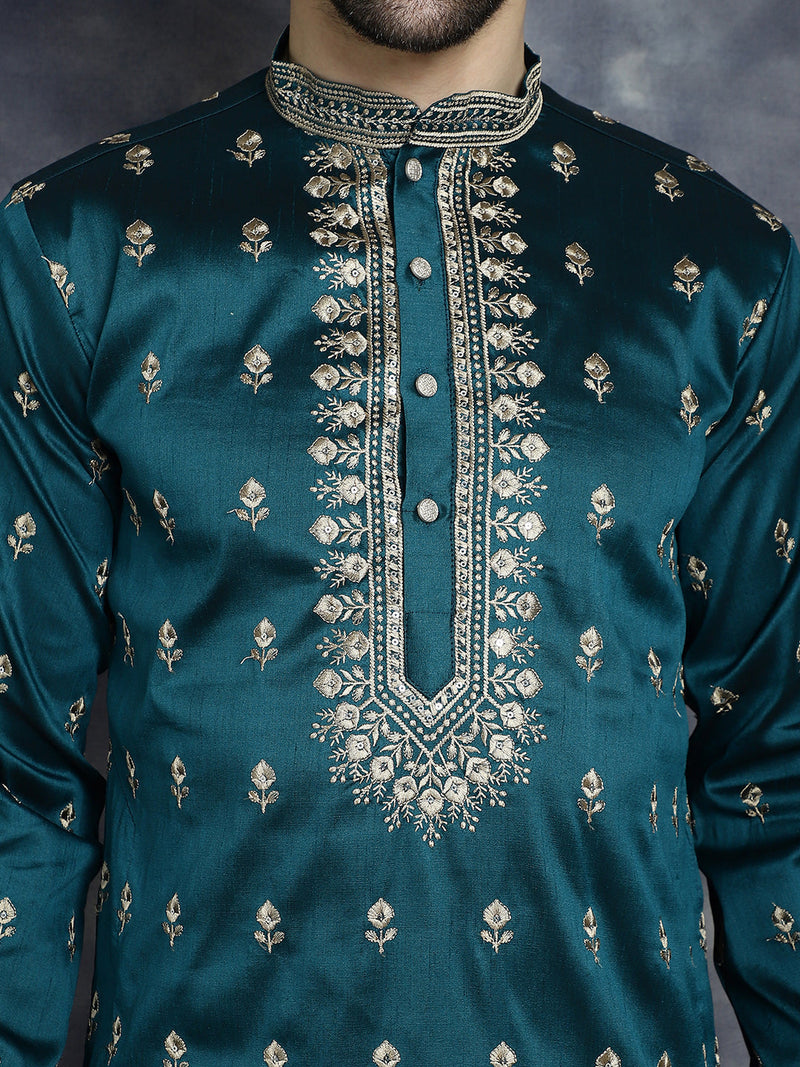 Men's Peacock Blue Chikankari Embroidered Kurta With Pyjama ( JOKP P 5042Peacock )